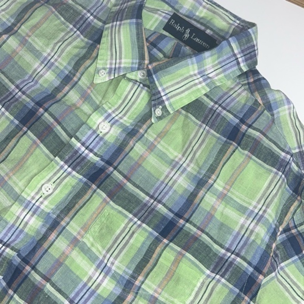 Ralph Lauren green plaid linen button down shirt